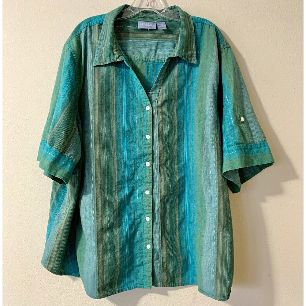 Liz & Me Womens Button-Up Striped Green Blue Roll-Tab m 3/4 Slv Woven Top 4X